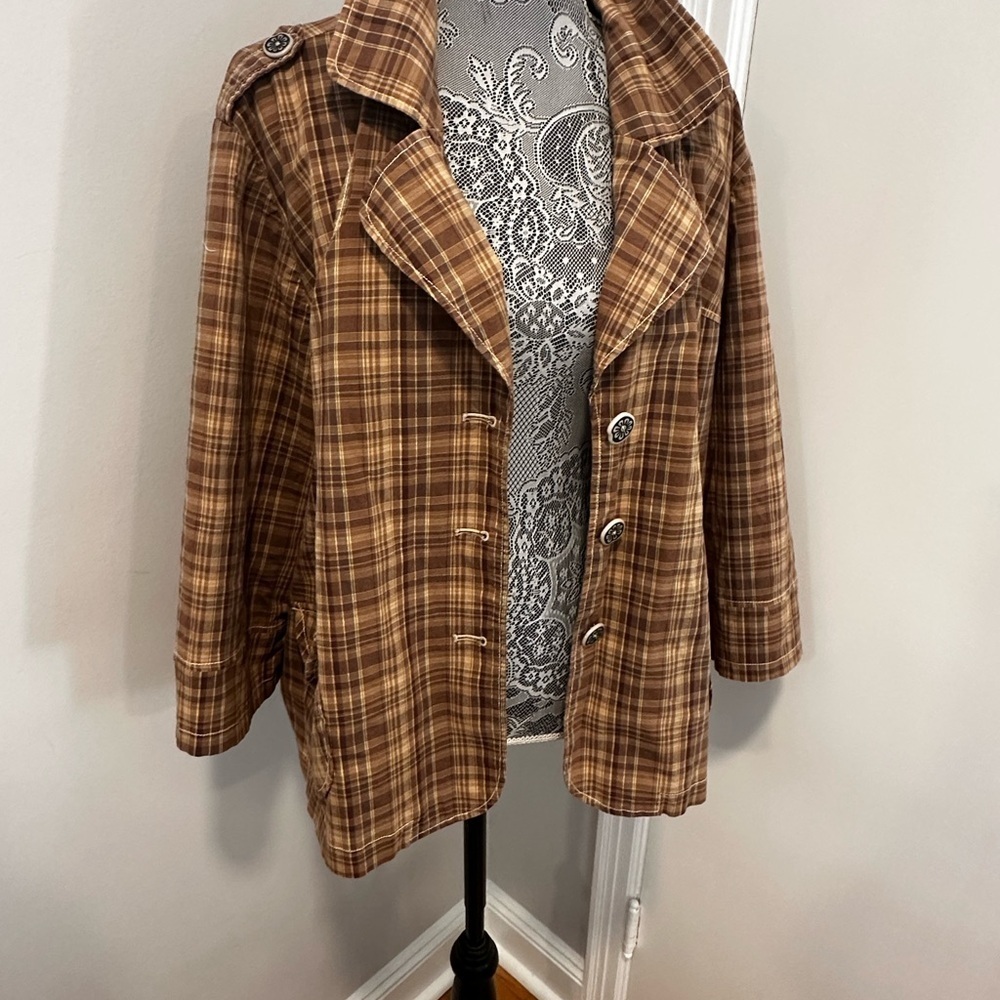 LA Blues Women's Brown Plaid Button Up Collared Jacket Workwear. Oversized.